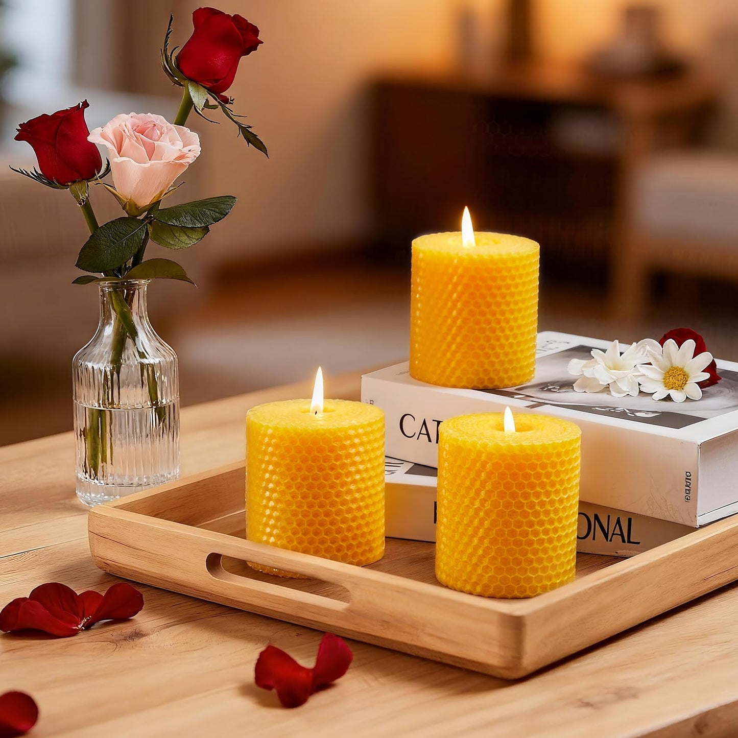Ashlux Beeswax Pillar Candles, 3x3 Inch -Set of 3 Hand-Rolled Honeycomb Candle - Each Long Burning 17 Hours, Dripless Smokeless Unscented Handmade Beeswax for Home Decor, Prayer, Wedding,SPA
