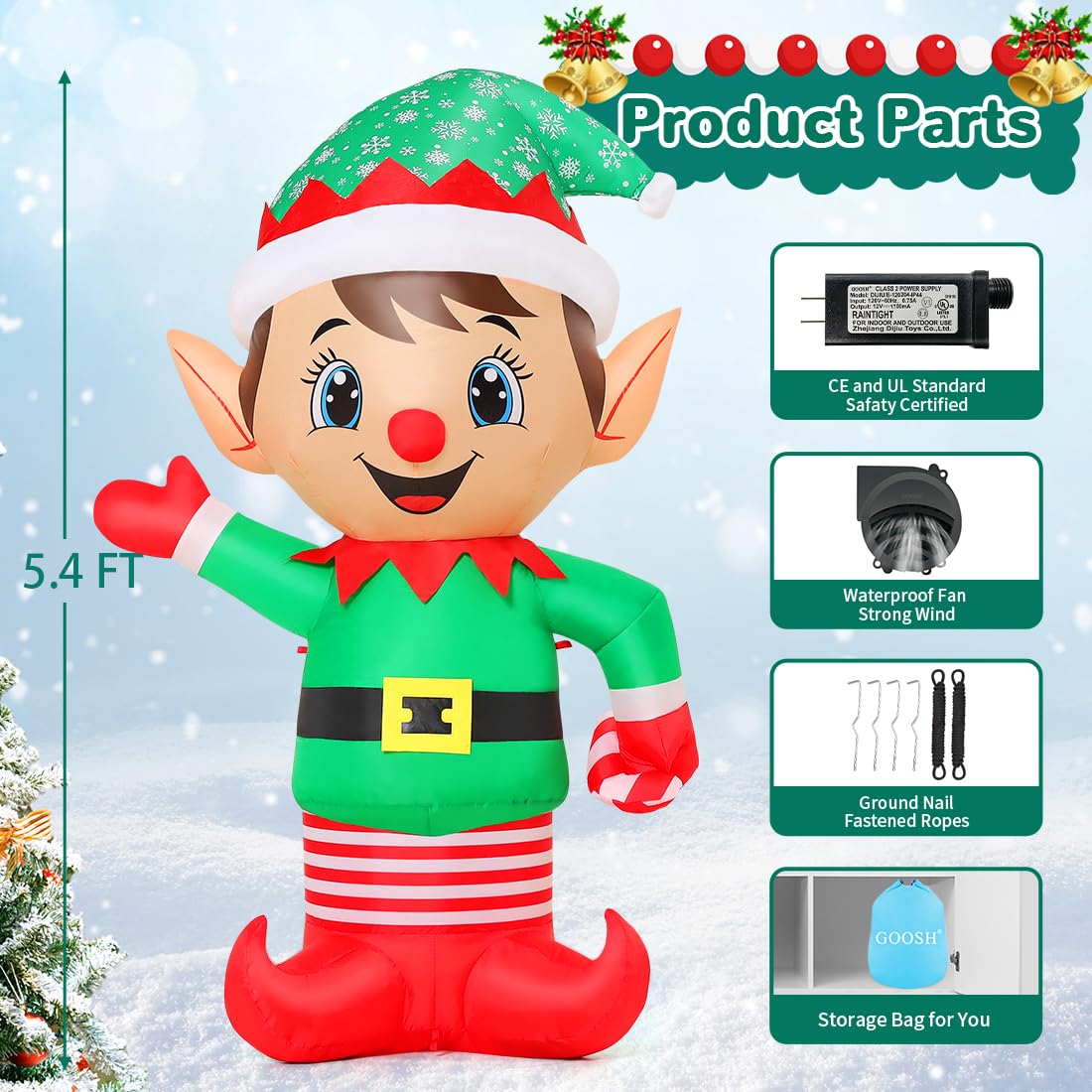 GOOSH 5.4 FT Christmas Inflatables Elf Decoration Blow Up Outdoor Christmas Built-in LEDs for Xmas Holiday Indoor Party Garden Lawn Yard Decor