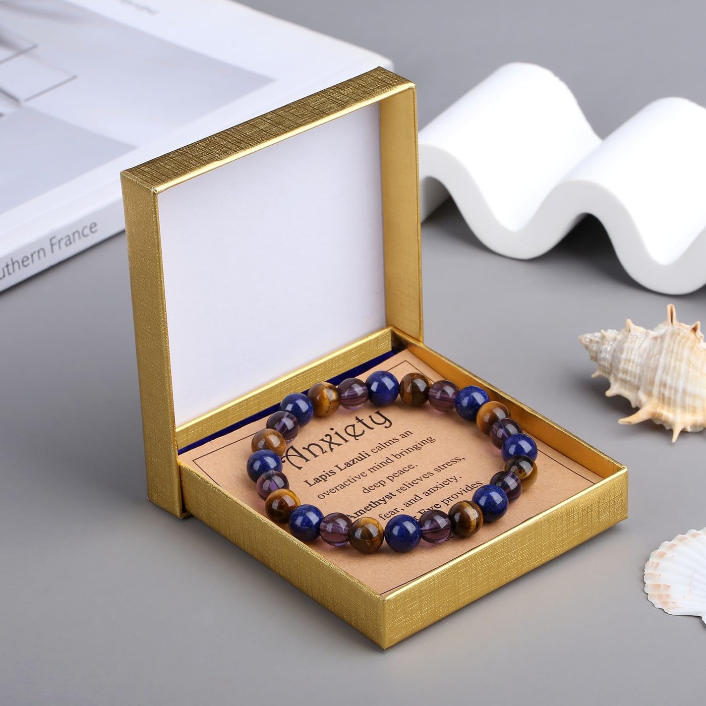 MAIBAOTA Anxiety Bracelet for Women 8 mm Lapis Lazuli Rose Tiger Eye Amethyst Bracelet Stress Relief Gifts Calming Healing Kalm Beaded Bracelets Jewelry for Women