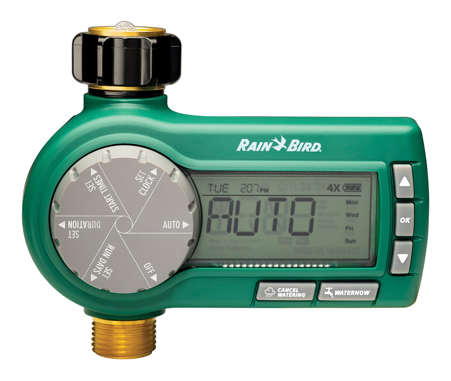 Rain Bird 1ZEHTMRP Premium Professional Grade Electronic Digital Hose End Timer/Controller, One Zone/Station, Battery Operated, Digital with Brass Inlet/Outlet