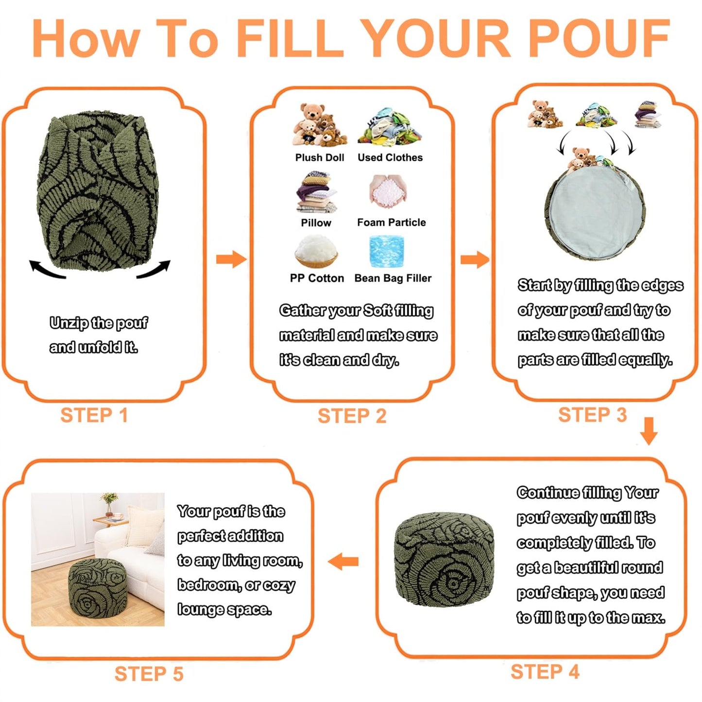 Asuprui Fluffy Flower Pouf Ottoman Cover Only – 20"x14" Round Plush Fuzzy Pouf Shell for Footrest, Stool or Floor Seat, Soft Removable Home Decor (No Insert Included) (Green)