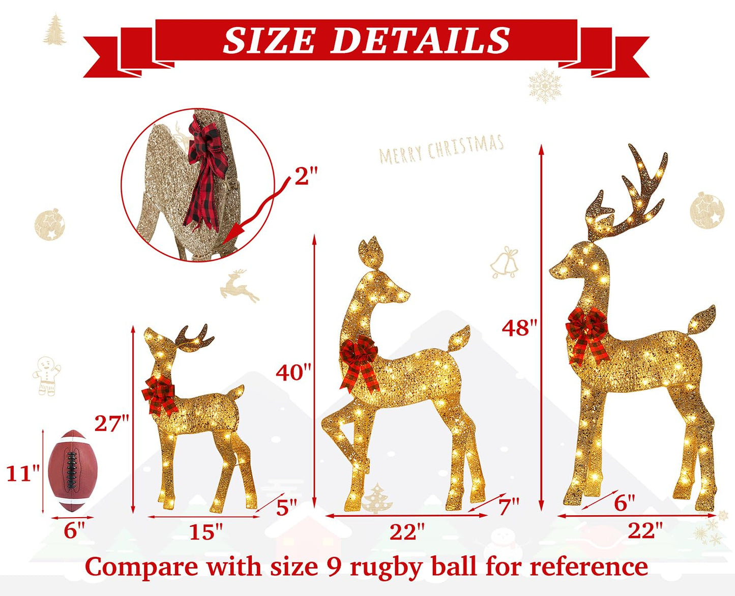 48 Inch 2.5D Gold Lighted Christmas Deer Decorations 3-Piece Outdoor Holiday Decorations Reindeer Set with 145 Warm White LEDs, Large Yard Display for Garden, Storefront