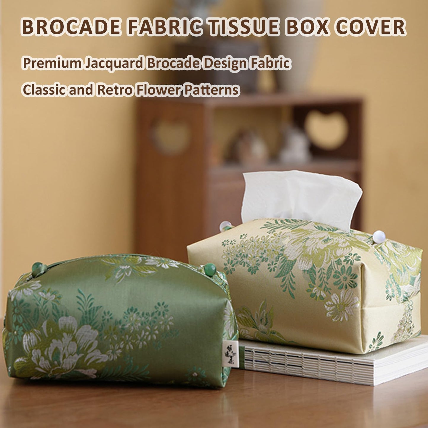 Zovylks Brocade Fabric Tissue Box Cover, Exquisite Jacquard Soft Fabric, Green Peony Floral Patterns, Rectangle Tissue Box Holder for Livingroom, Bedroom, Car, Office Desktop Decor (Dark Green)