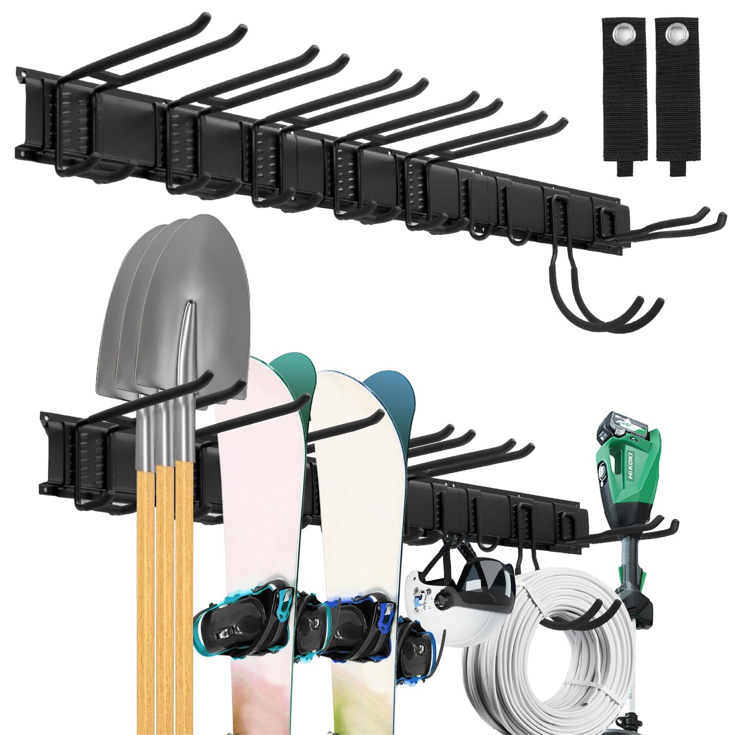 Sinoer Heavy Duty Steel Garage Wall Mount Garden Tool Organizer with 9 Adjustable Metal Hooks and 2 Straps, for Garden Tools, Chairs, Brooms, Mops, Rakes, Shovel