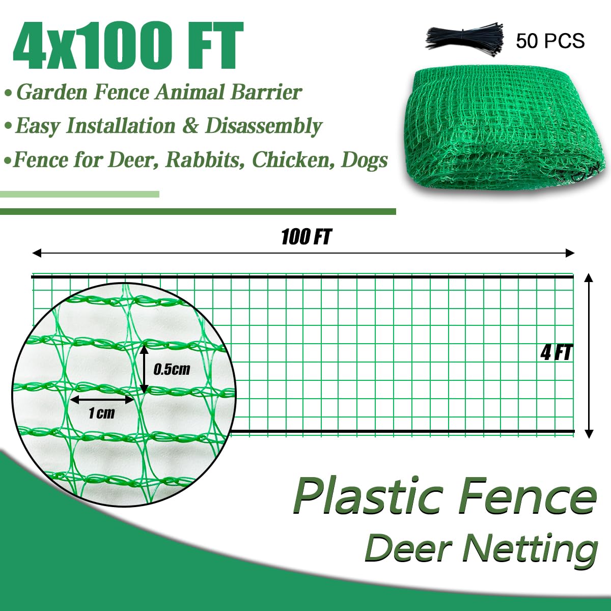 Hortifan Garden Fence Temporary Fence, 4'x100' with 50 Zip Ties, Plastic Fencing Safety Fence Snow Fence, Construction Fencing for Yard, Deer, Pet, Rabbits, Chicken, Dogs, Animal Barrier, Green