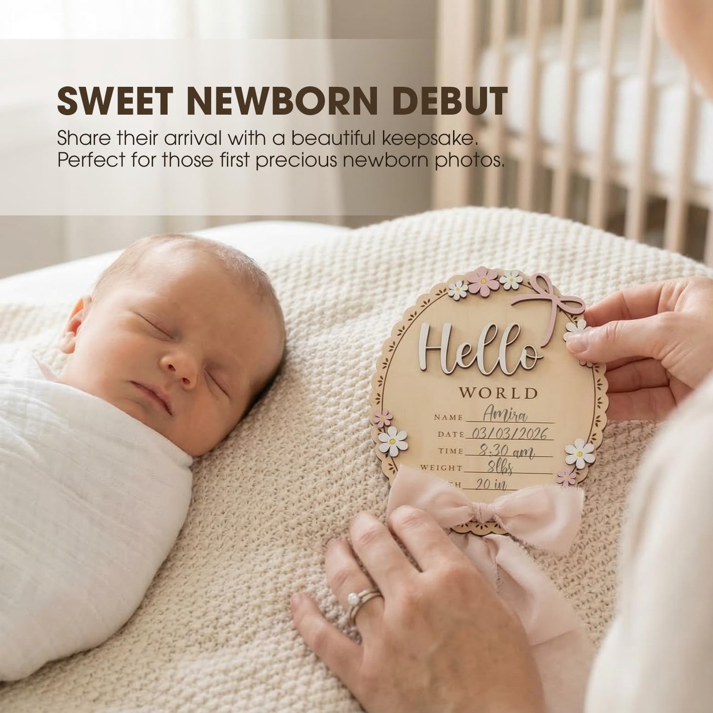 TTMerriwood Baby Announcement Sign with Stand & Marker – Hello World Wooden Name Plaque for Newborn Photoshoot, Baby Shower, Rustic Keepsake Birth Stat Sign for Hospital Birth Announcement (Light pink ribbon)