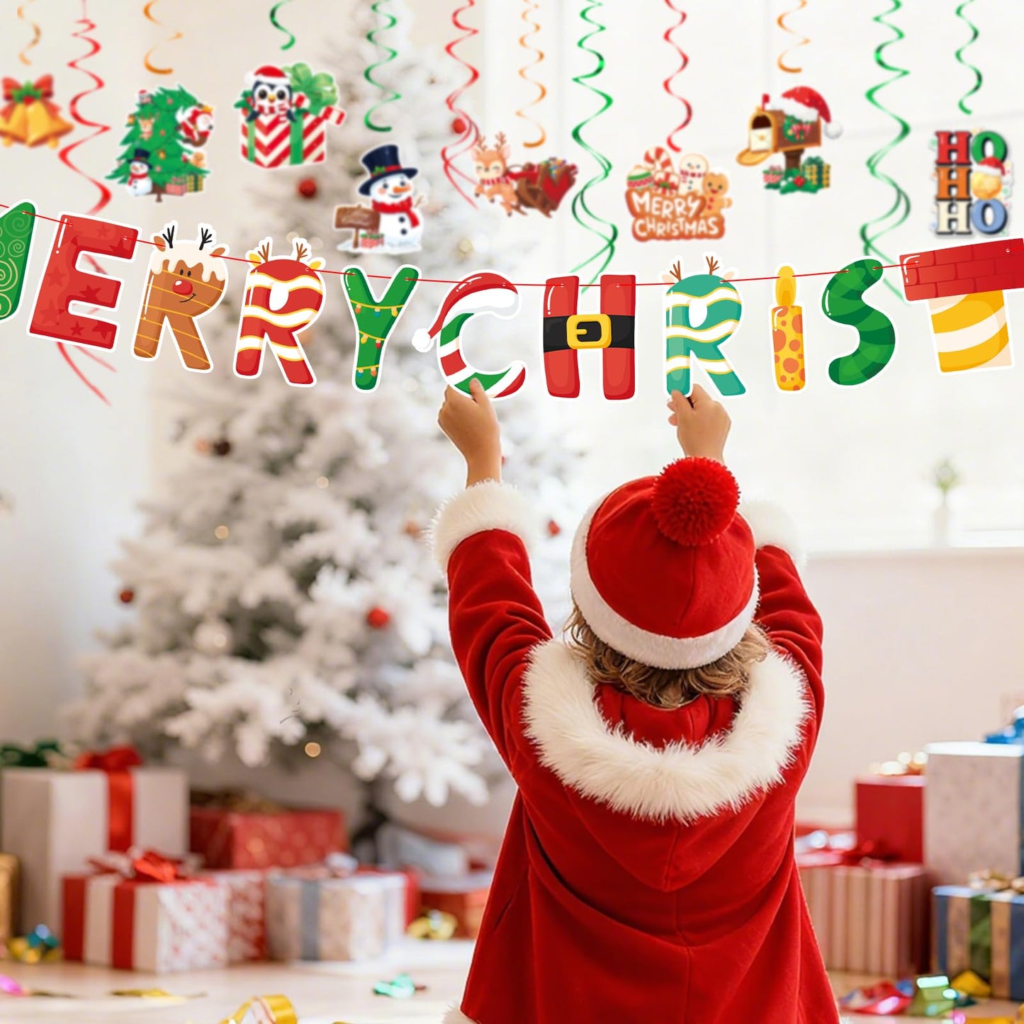 Christmas Decor Set: Banner & Hanging Swirls - for Home, Office, Classroom Indoor Christmas Party Decorations