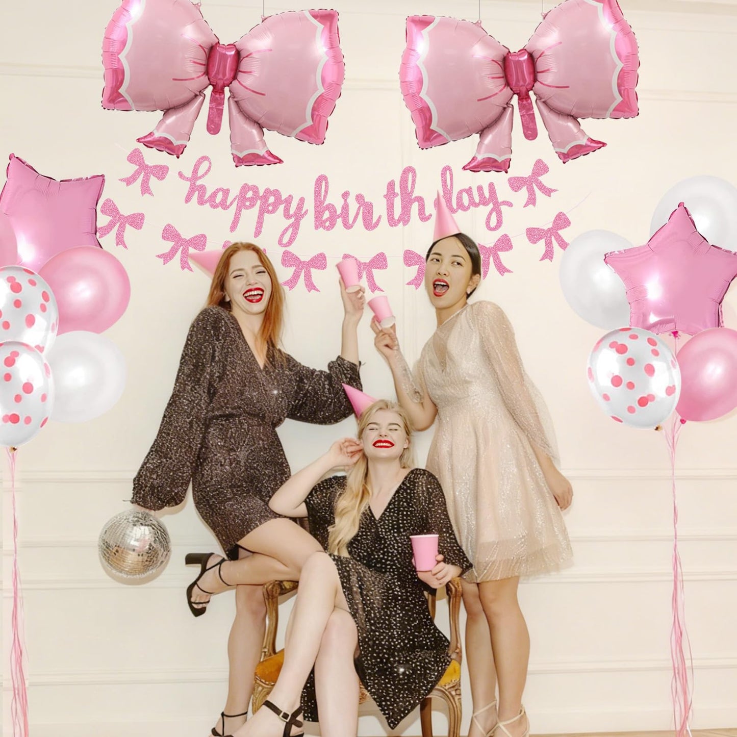 Phoaxul Cute Pink Bow Birthday Decorations for Girls, Glitter Happy Birthday Banner, Bow Balloons, Pink Party Decorations for Women, Baby Girl Shower, Princess Bday Party Supplies