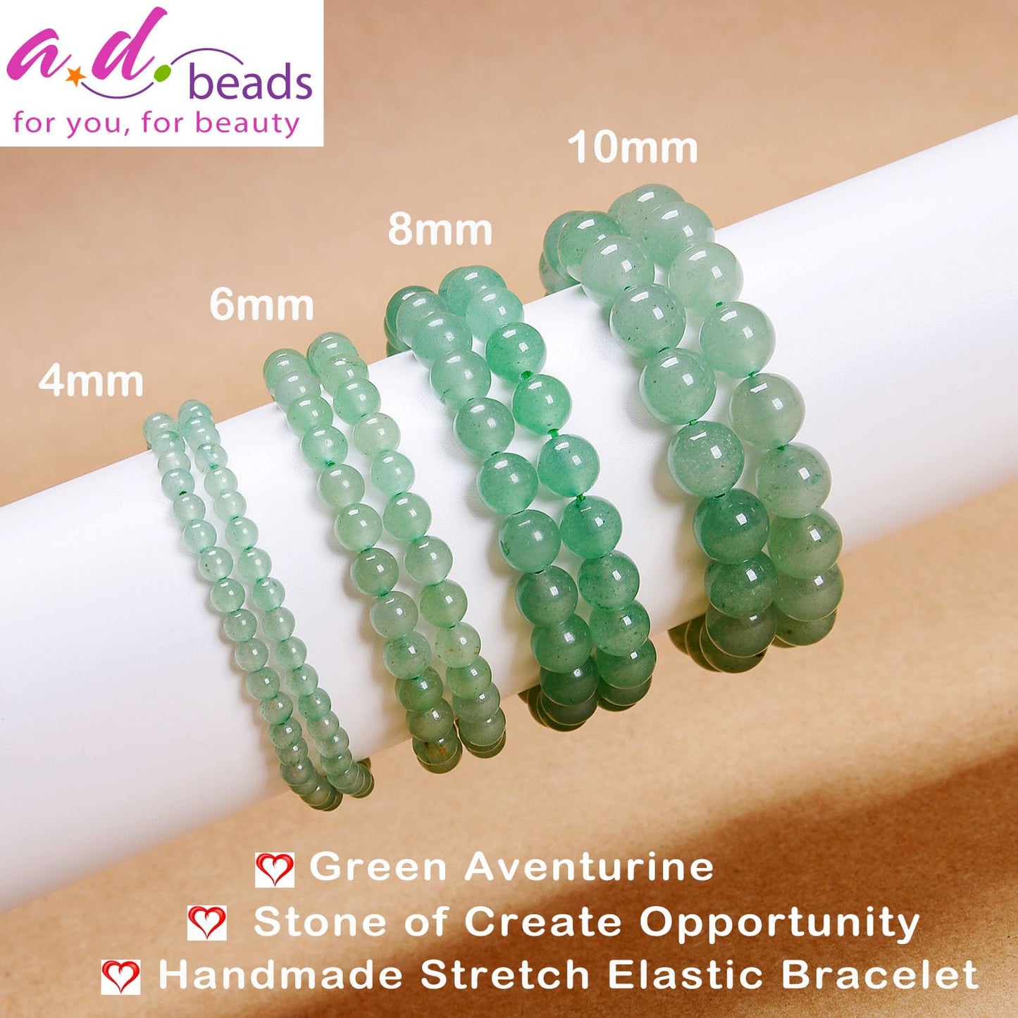 AD Beads Handmade Gemstone Stretch Elastic Bracelet Crystal Healing Reiki Nature's Beauty and Spiritual Essence Unisex (8mm, Green Aventurine (Opportunity))