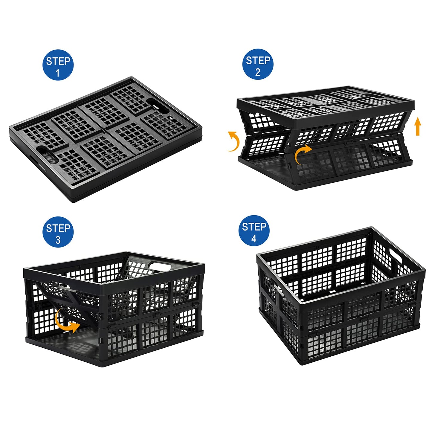 Eslite 34L Large Plastic Folding Storage Crates,Collapsible Crates for Storage,Pack of 3 (Black)
