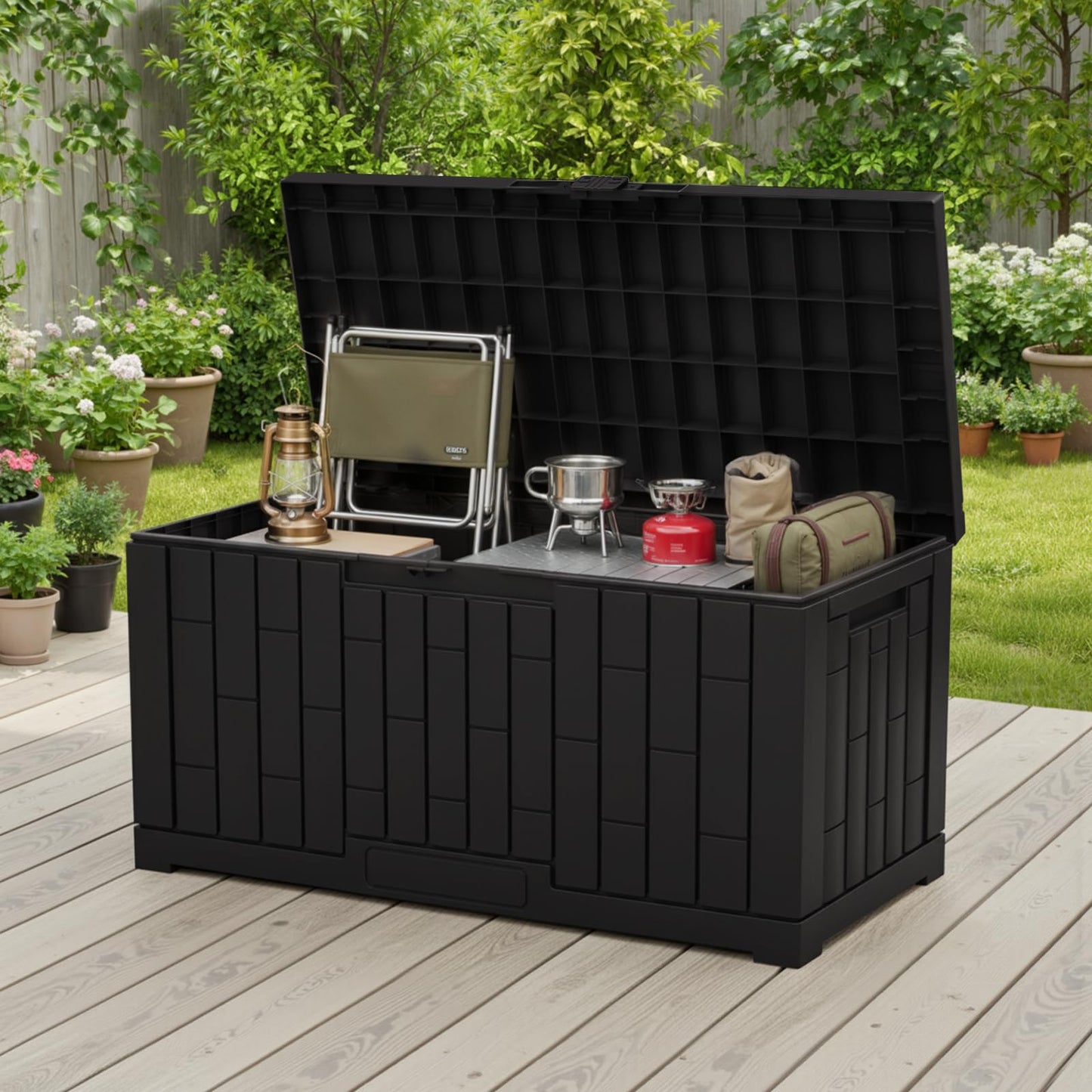 DUMOS 60 Gallon Deck Box, UV Resistant Waterproof Storage Bin for Patio Cushions Gardening Tools, Lockable Resin Outdoor Storage Box with Hundles, Black