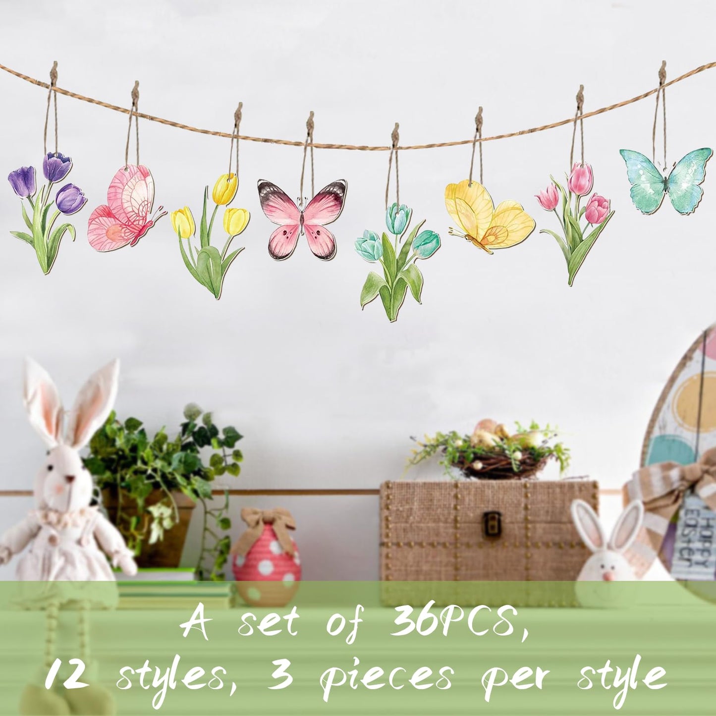 JNYVE 36 Pcs Spring Tree Ornaments: Spring Wooden Flowers Decorations Tulip Butterfly Hanging Decor for Small Tree Home Party