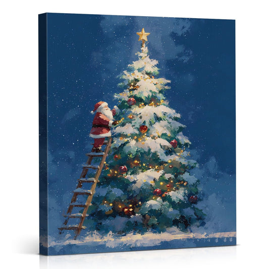 Vintage Santa Christmas Tree Wall Art Print Santa Claus Winter Holiday Picture Artwork Christmas Wall Decor for Home Living Room Bedroom 8x10 Inch Framed