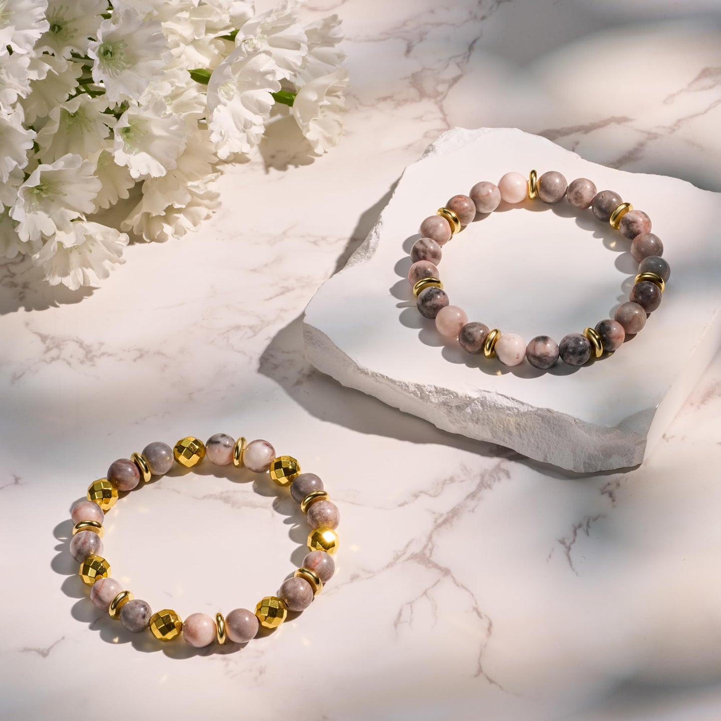 Bivei Natural Gemstone Semi Precious Crystals Handmade Stretchy Round Beads Bracelet, Enhance Positive Energy,Stocking Stuffers for Women(Gold Tone Pink Jasper & Sakura Agate(Love) Medium)