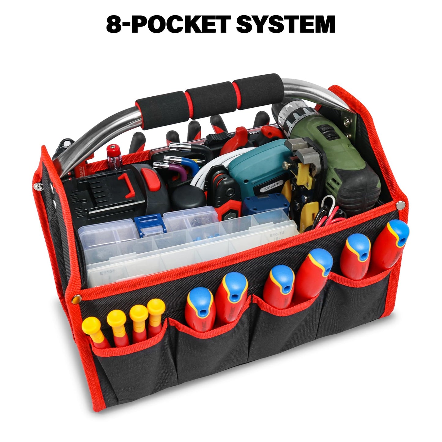 HAUTMEC 13 Inch Tool Bag, Foldable Open Top Tool Bag with Stiff Frame, Heavy-Duty Tool Tote with Padded Handle, Water-Resistant Base, Portable Tool Organizer for DIY & Jobsite Use – TB0001