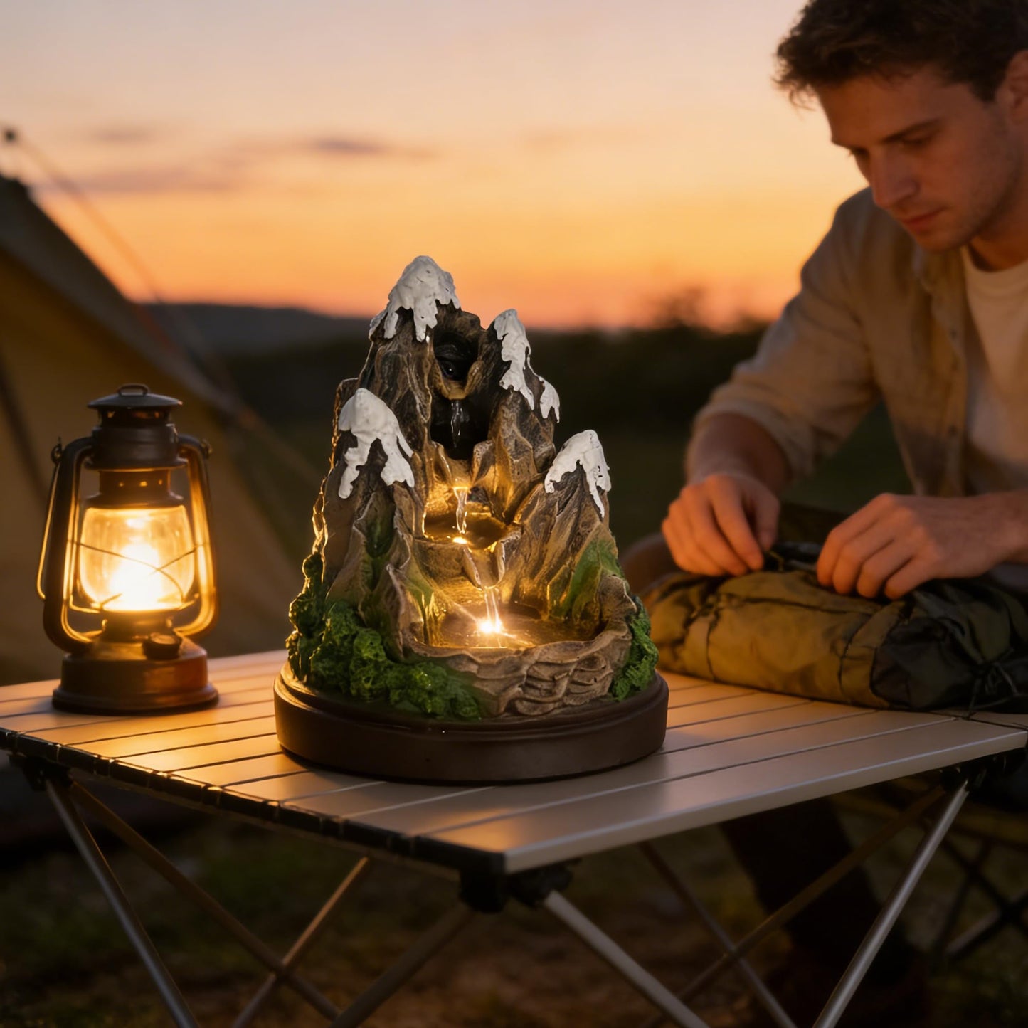AOZITA Snow Mountain Tabletop Water Fountain 4-Tier Cascading Indoor Waterfall with Warm LED Lights, Realistic Rock Texturing & Moss Accents, Miniature Zen Landscape for Desk Home Office Decor