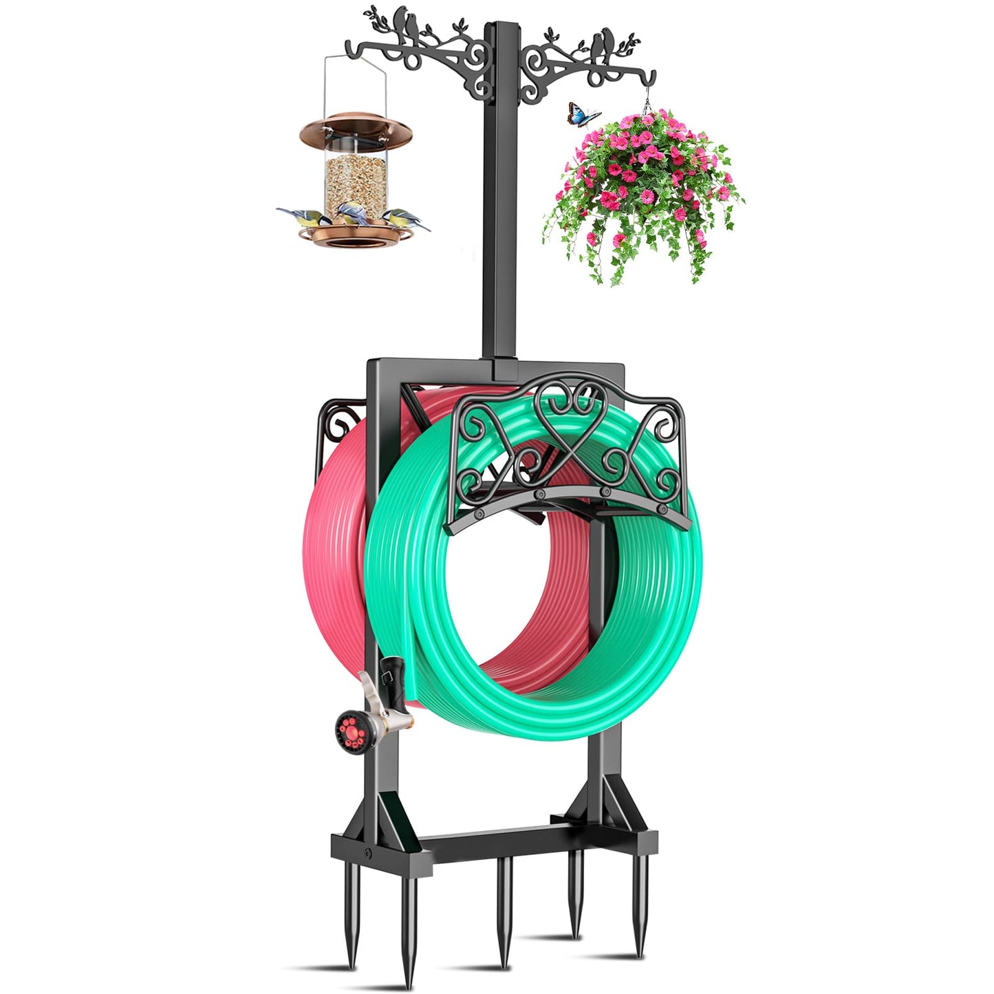 ODSNANIE Garden Hose Holder for Outside,Water Hose Holders with 2 Bird Statue Shepherds Hooks & 5 Spikes,Double-Sided Freestanding Hose Stand Heavy Duty Hose Storage Rack for Outdoor Yard Lawn Farm