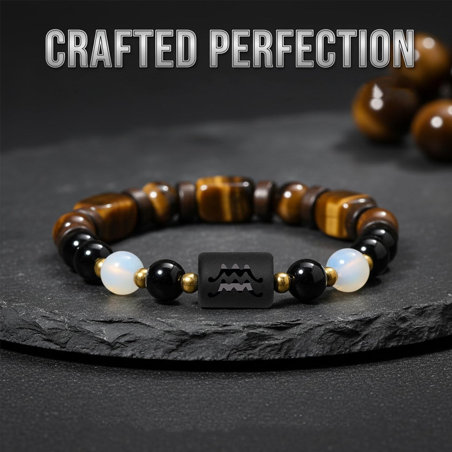 Zodiac Aquarius Black Obsidian And Opal Bracelets for Women Men-8mm Tiger Eye Beads Healing Crystals Mens Jewelry Anxiety Relief Bracelets for Valentine's Day Mother's Day Christmas Birthday Gifts
