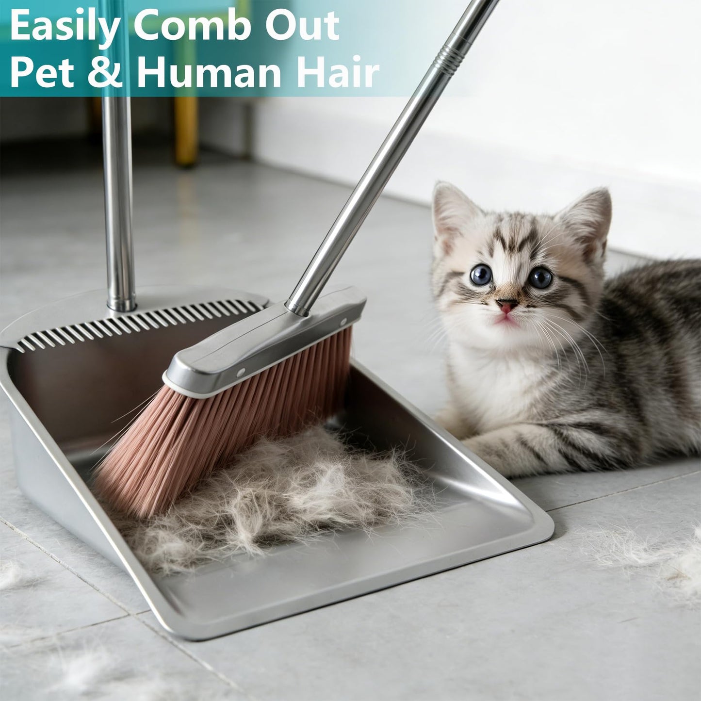 Stainless Steel Broom and Dustpan Set, 2-Piece, Long Handle Standing Design with Comb Teeth, Heavy Duty Windproof Upright for Home, Kitchen, Indoor Outdoor Use (Silver Teeth)