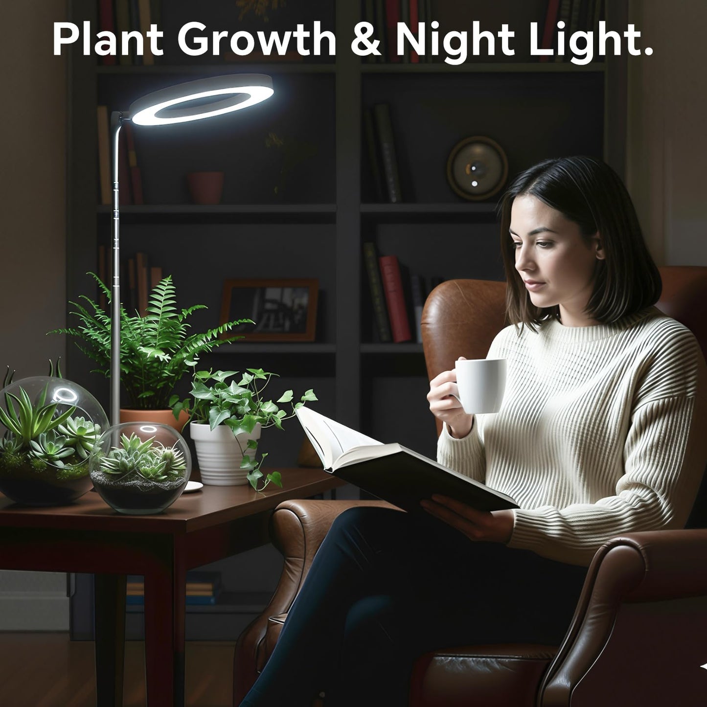 GTRUIIDY Desktop Grow Light, Height Adjustable Grow Lights for Indoor Plants Full Spectrum, 3 Lighting Mode, Halo Grow Light with Timer, Plant Lights for Indoor Growing (White)