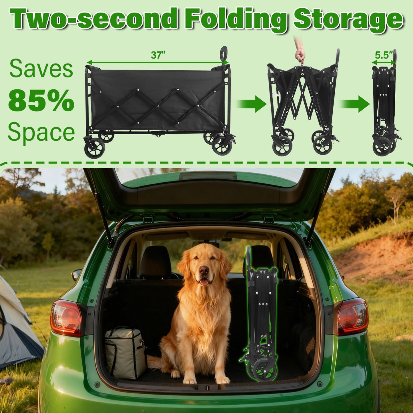 Wagon Cart Foldable,500Lbs Collapsible Wagon Cart with Wheels Portable, All Terrain Outdoor Utility Carts for Groceries, Camping, Sports, Garden, Shopping, Black