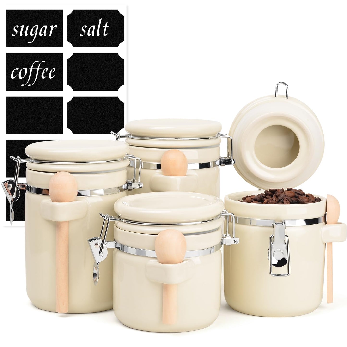 ZEBERBO 4-Piece Airtight Ceramic Canisters Set with Wooden Spoons & Chalk Labels – Perfect for Coffee, Sugar, Flour, Tea (Cream) – Stylish & Leakproof Kitchen Storage