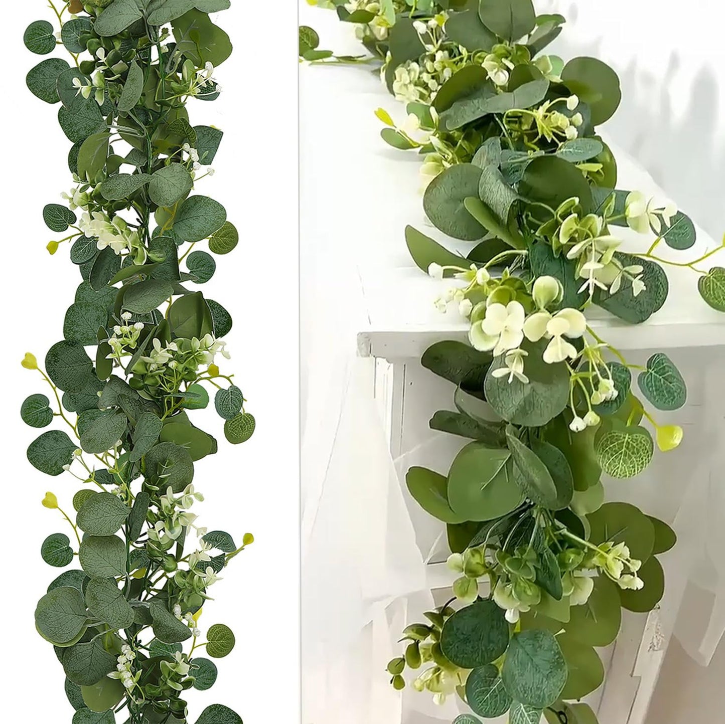 2 Pack Artificial Eucalyptus Garland 5.9FT Spring Greenery Garland Decor Summer Faux Silver Dollar Hanging Eucalyptus Greenery Vines for Home Table Mantle Wedding Party Indoor Outdoor