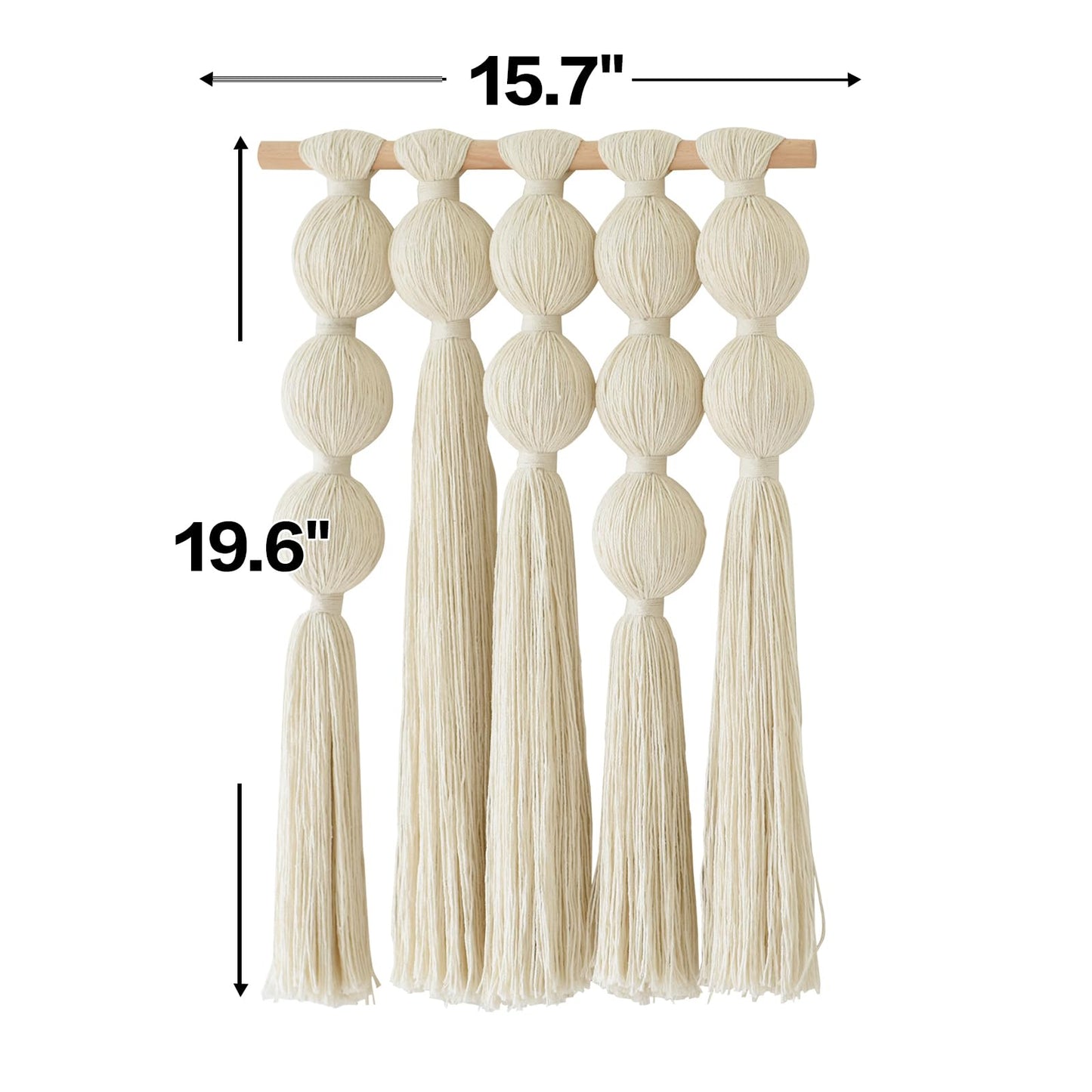 Flber Macrame Wall Hanging with Geometric Yarn Spheres, Handwoven Cotton Tassel Art for Boho Bedroom or Living Room Wall Decor 15.7" W x 19.6" L
