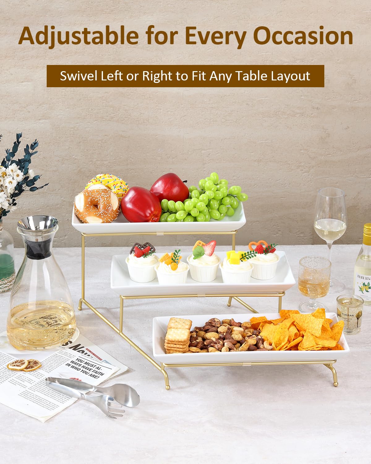Yedio 3 Tier Serving Tray Set 14 Inch Porcelain Tiered Serving Platters, Collapsible Sturdier Stand with Stable Cross Bars, Three Layer Serving for Party Entertaining Food Display Fruit Dessert