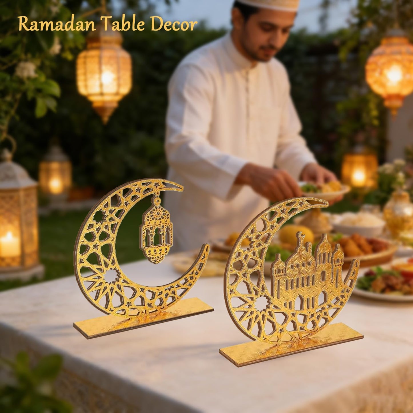 Ramadan Eid Decorations, 2 Pieces Wood Eid Decorations for Home, Gold Islamic Crescent Moon & Mosque Table Sign, Eid Mubarak Kareem Home Decor Art Craft for Muslim, Eid Centerpieces Decor