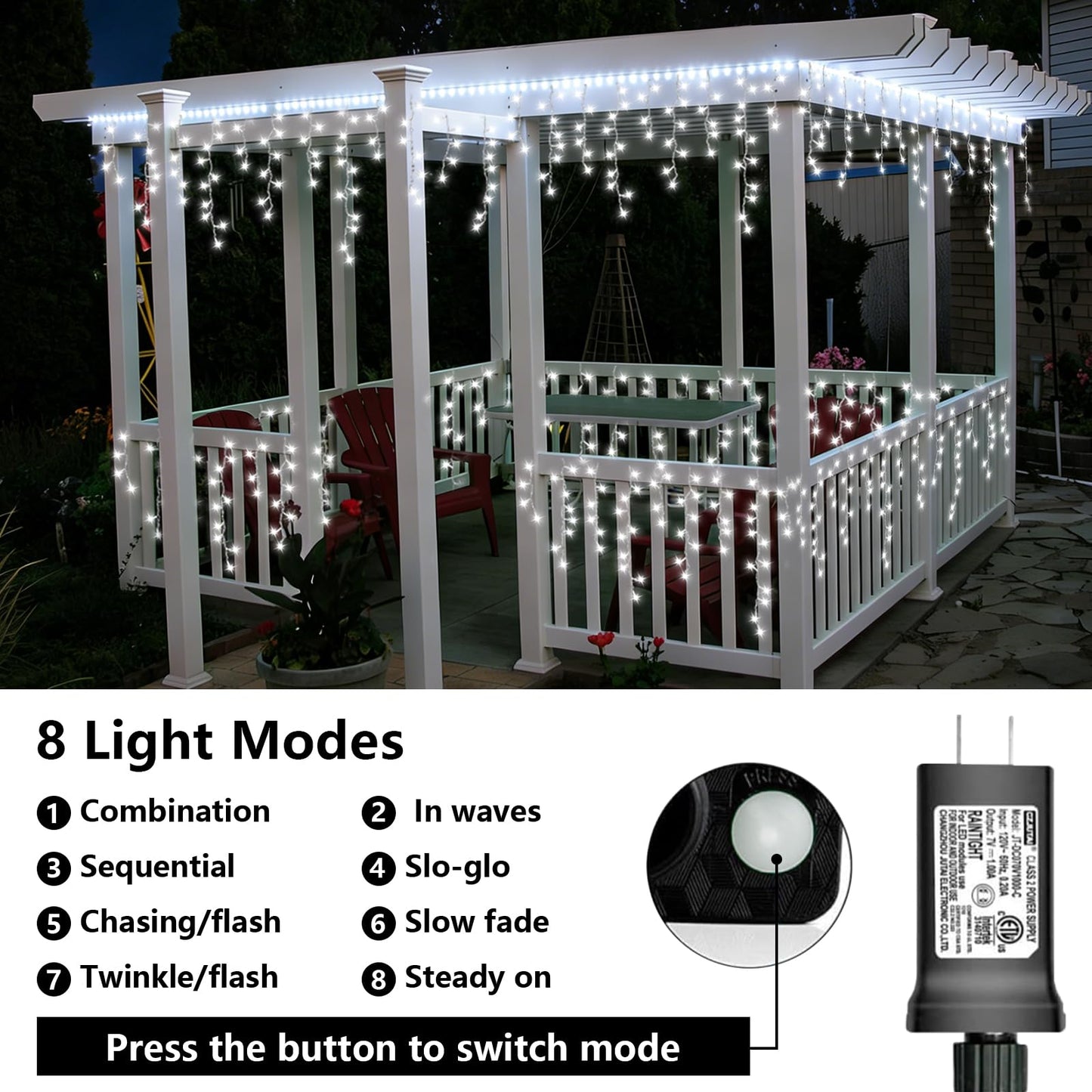 QITONG Icicle Lights for Outside, 66ft 800 LED String Lights Plug in with 8 Modes, Connectable White Icicle Christmas Light Clear Wire Indoor