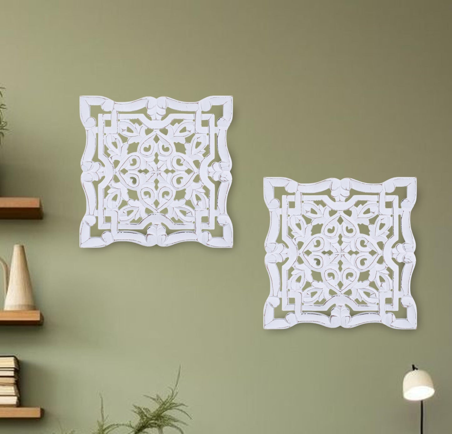 Woodify Hand-Carved Wooden Wall Décor – Set of 2, 12" x 12" Decorative Wood Panels, Floral Design, White Antique Finish, Wall Art for Living Room & Home Décor