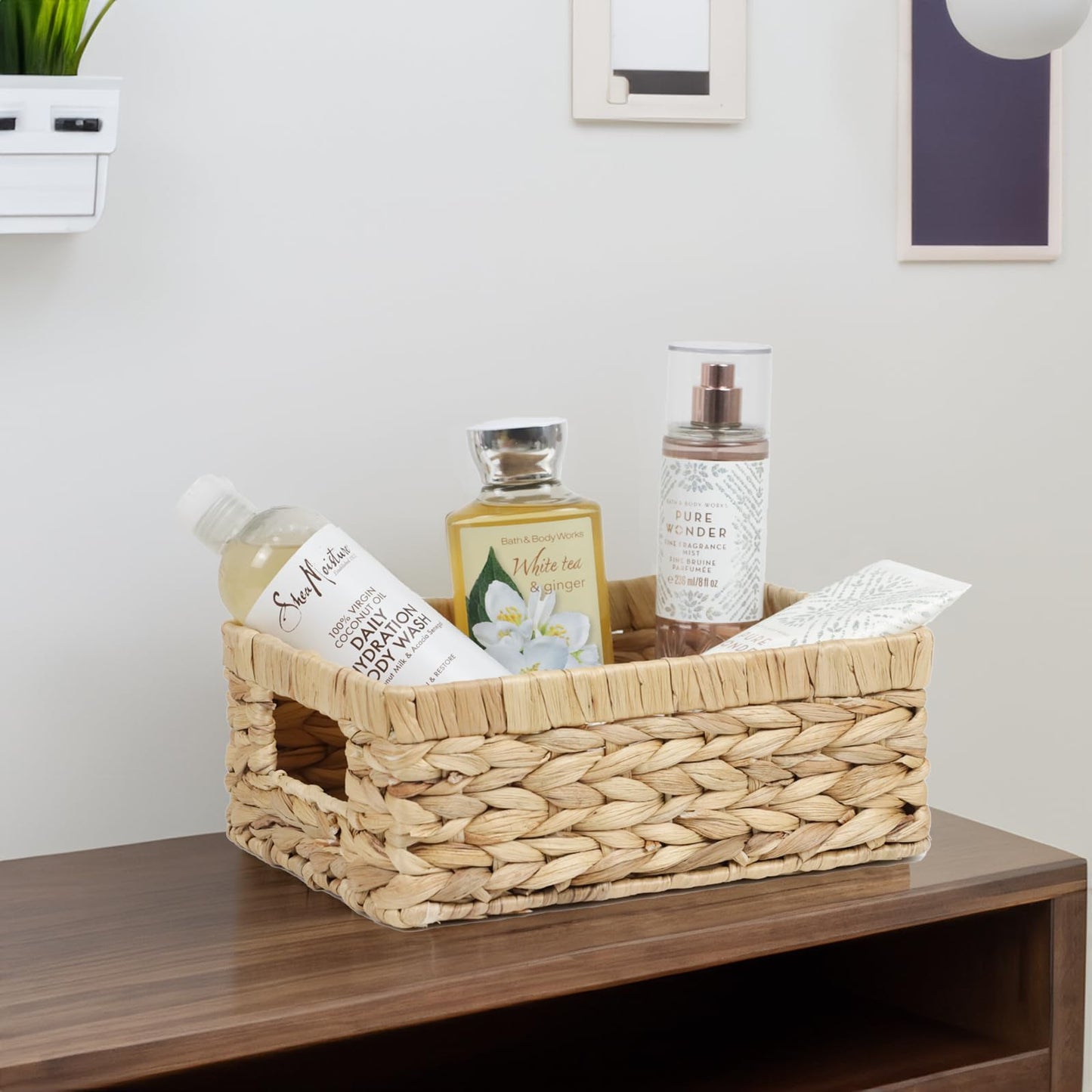 Wicker Baskets, Baskets for Organizing, Rattan Woven Basket for Storage, Organizer Bins with Built-in Handles, Storage Basket for Shelves (Water Hyacinth, Small)