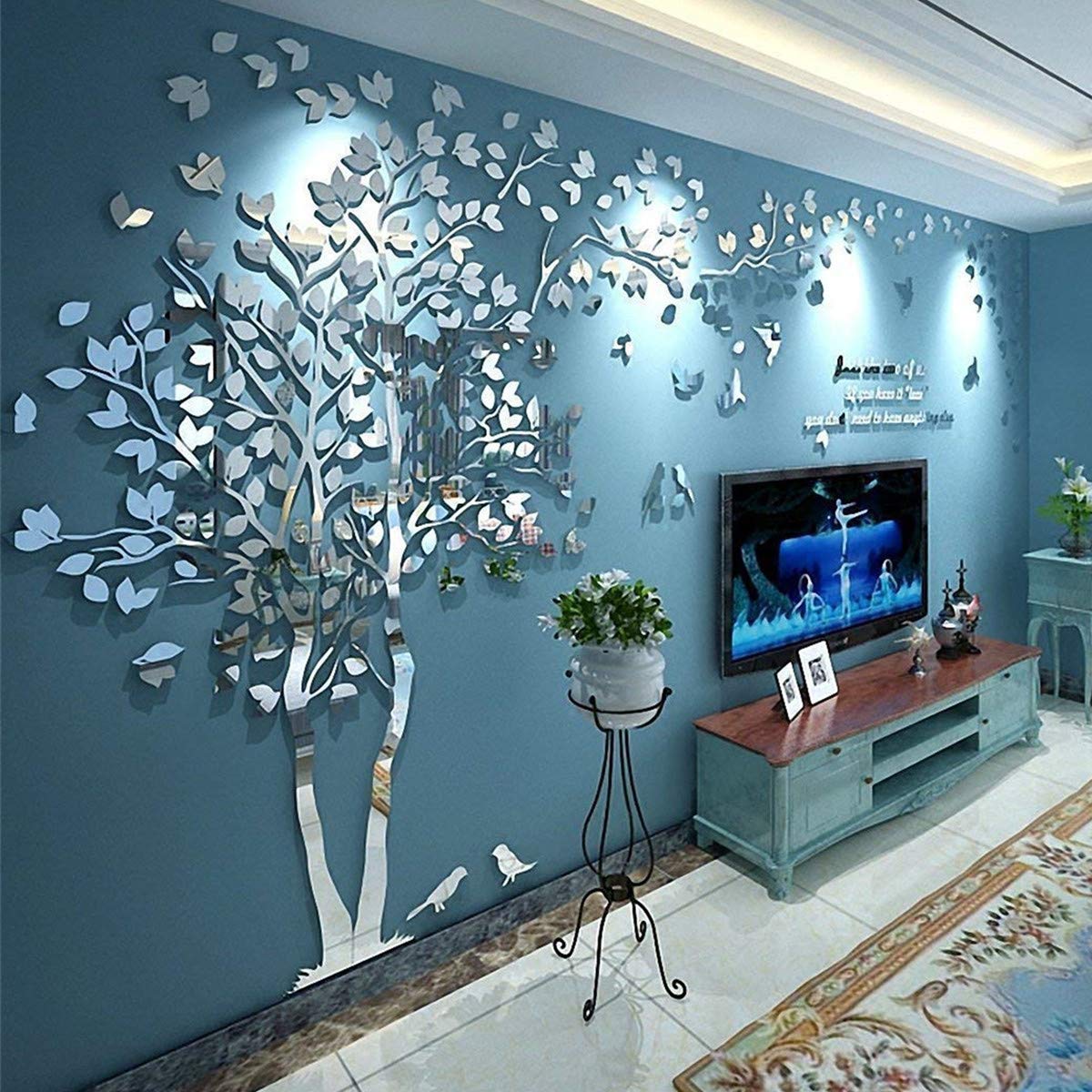 Family Tree Wall Decor Decals - DIY 3D Tree of Life Wall Art Large Decal Stickers Silver Decor Living Room Mural for Bedroom Hallway Home TV Background (Silver Left,M-98X51in)