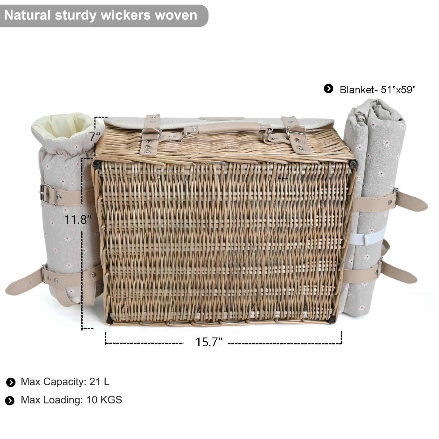 Multifunctional Wicker Picnic Basket Set for 4 with Blanket and Picnic Table, Insulated Picnic Set with Full Tablewares for Camping Outdoor Couples, Flowers
