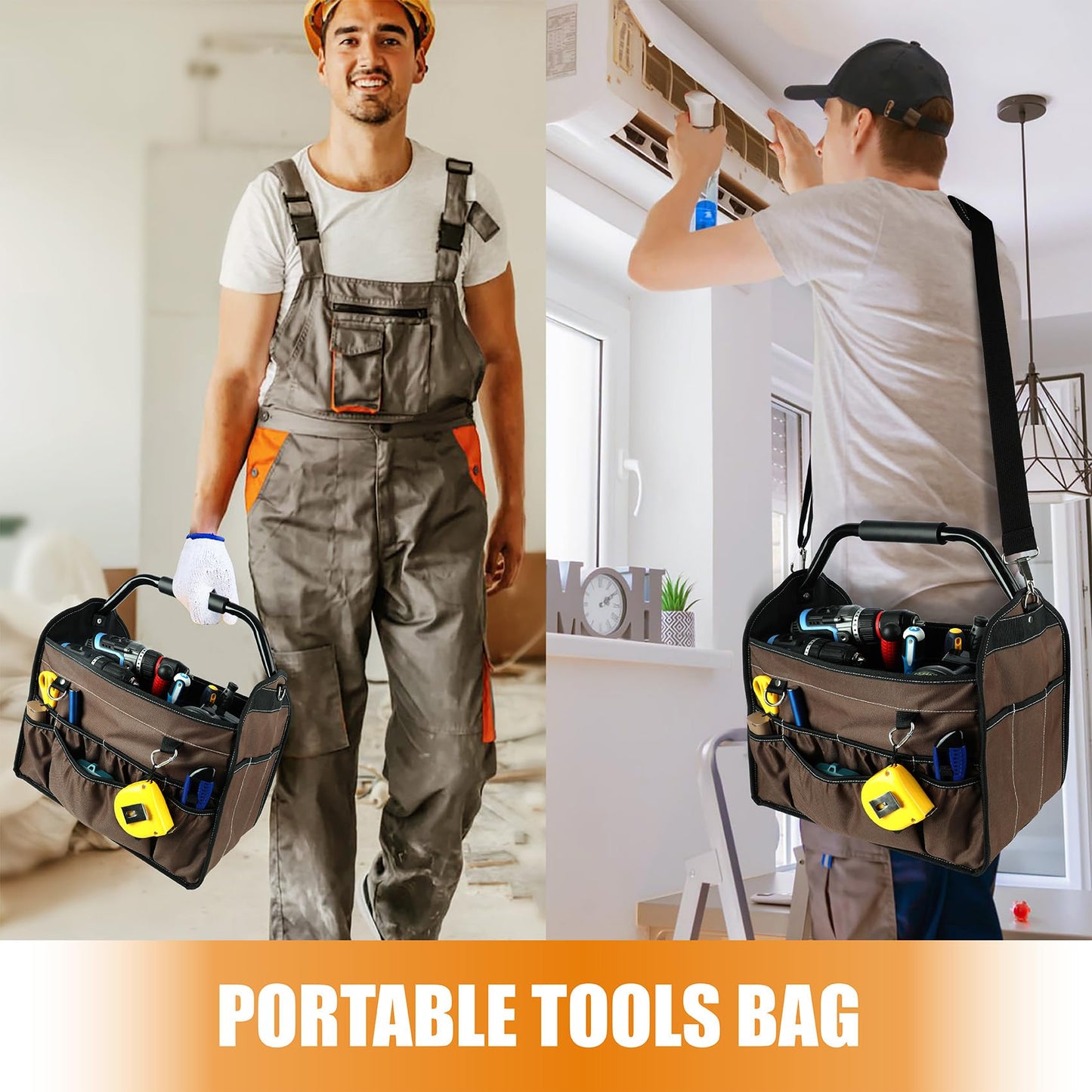 KUNLUN 17-Inch Open Top Tool Bag, Electrician Tool Bag, Tool Tote Bag Organizer for Easy Tool Access, 33 Pockets Foldable Tool Carrier with Rotating Steel Handle and Removable Shoulder Strap, Brown