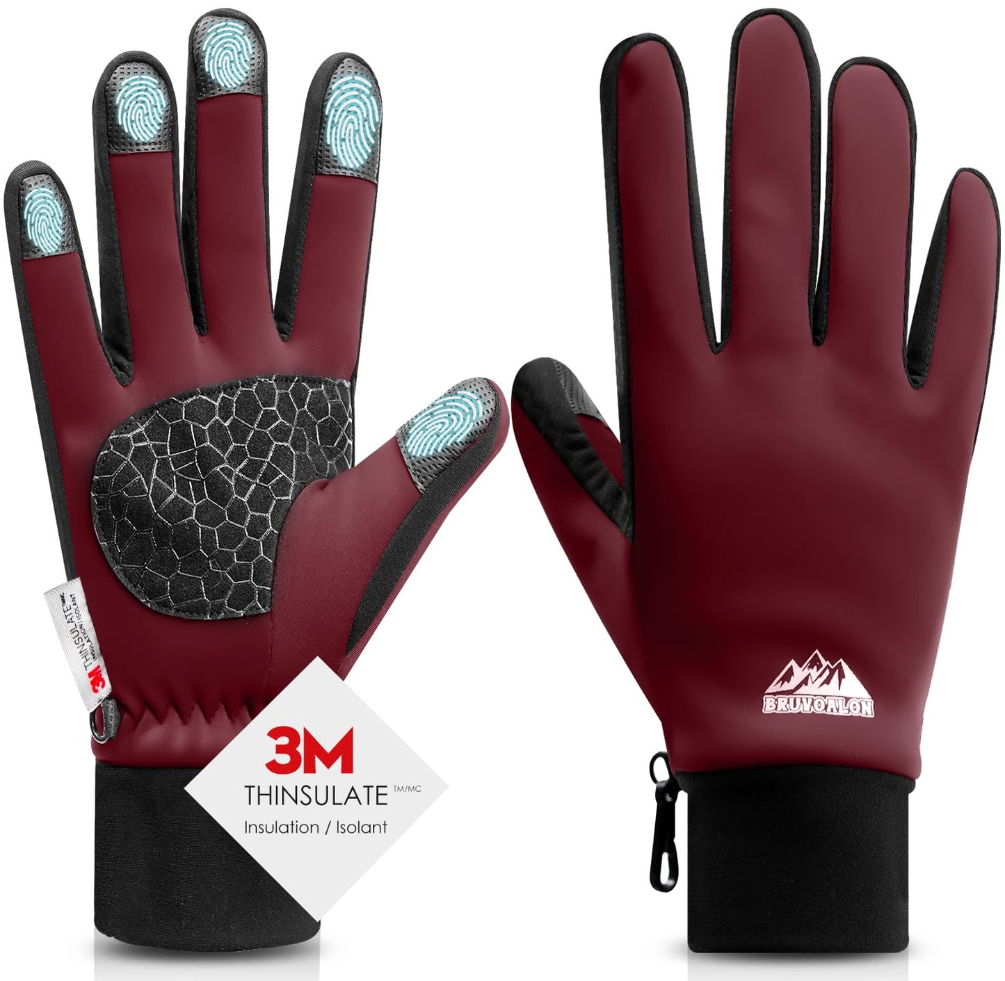 Bruvoalon Winter Gloves for Women & Men, 3M Thermal Insulation, Lycra Fabric, Touchscreen, Anti-Slip, Burgundy, L
