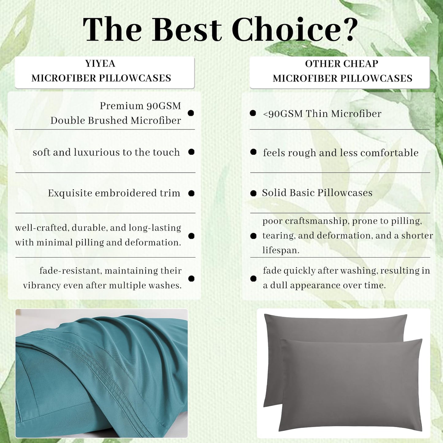 YIYEA Pillow Cases Standard Size Set of 4, Ultra Soft 1800TC Hotel Quality Double Brushed Microfiber Embroidered Pillowcases, Envelope Closure, Fade Resistant (20"x26", Teal)