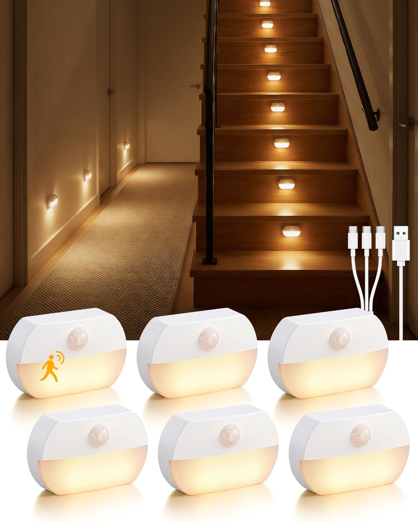 6 Pack Rechargeable Motion Sensor Stair Lights, Indoor Hallway Wall Light, Magnetic Wireless Peel and Stick On Closet Light, Battery Operated LED Night Lights for Step Bedroom Cabinet Toilet Bathroom