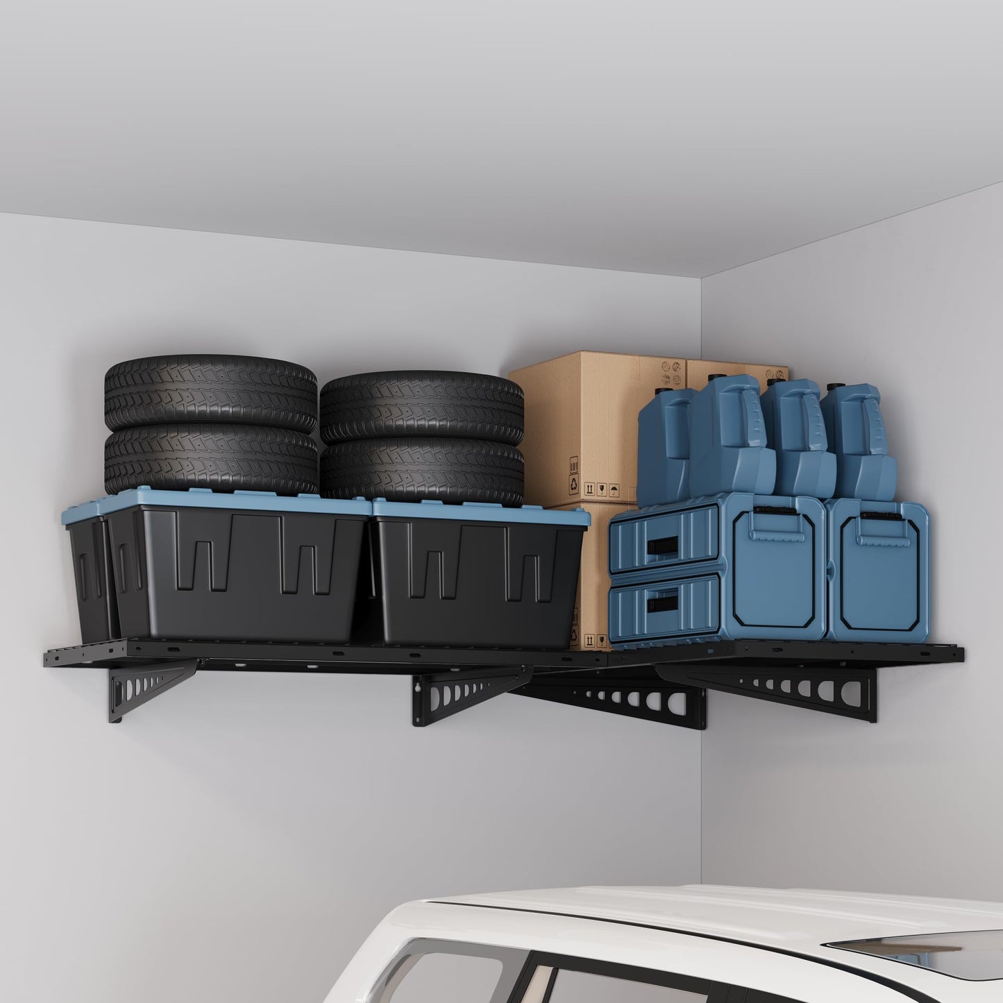 FLEXIMOUNTS 2 Pack 2x4ft Corner Wall Shelving Garage Storage Rack, 24x48 inch Floating Shelves, 660lbs Total Weight Capacity, Black, Pro Series