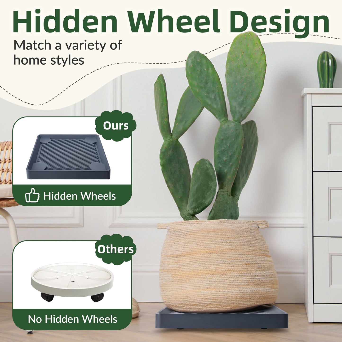 REDHUGO 2PCS Square Plant Caddy with Hidden Wheels, Heavy Duty Rolling Plant Stand Caddy with Wheels, Pot Base for Indoor Outdoor, Gray, 9.96 inches