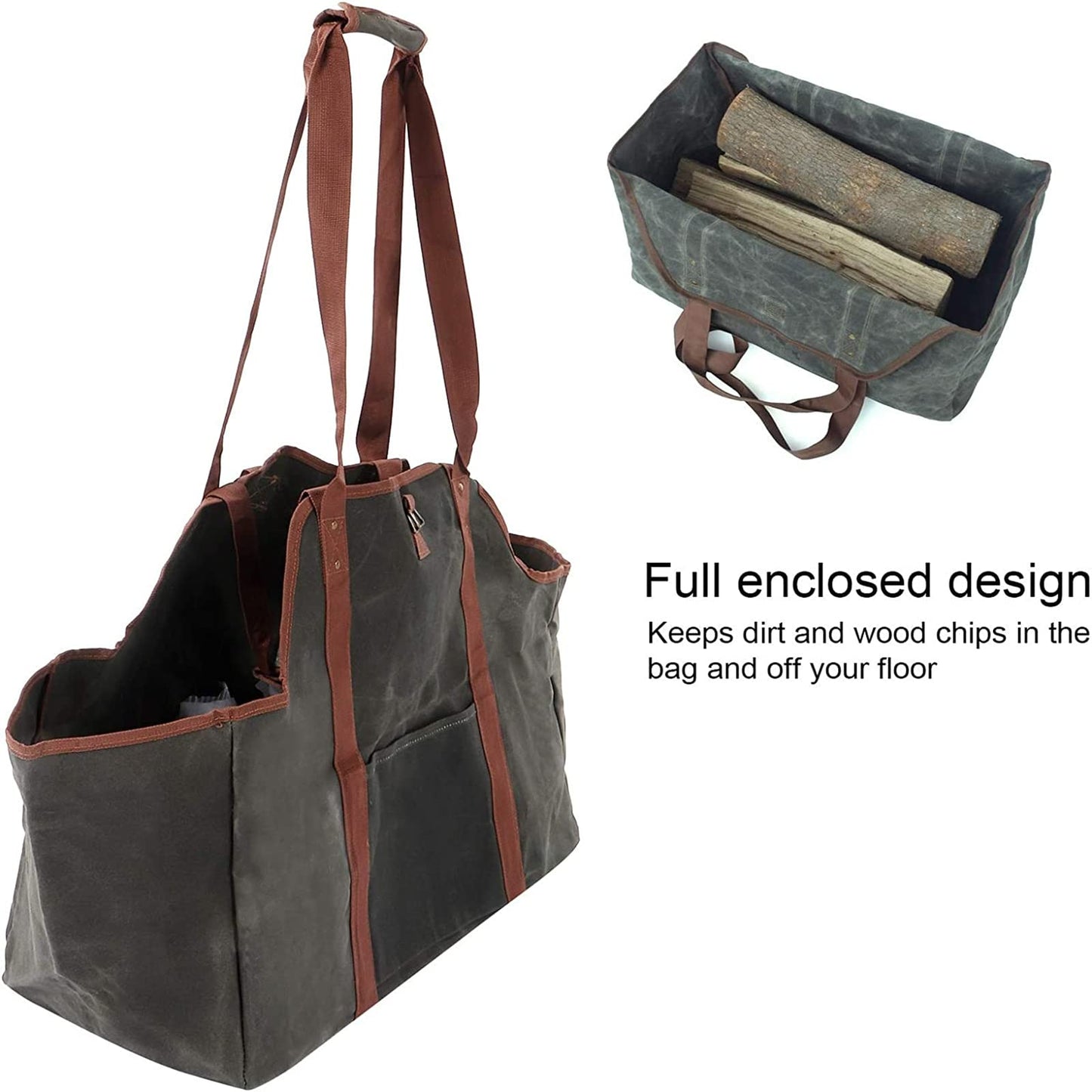 Green Leather Indoor Fireplace Log Holder - Wood Carrier for Firewood Rack & Tote
