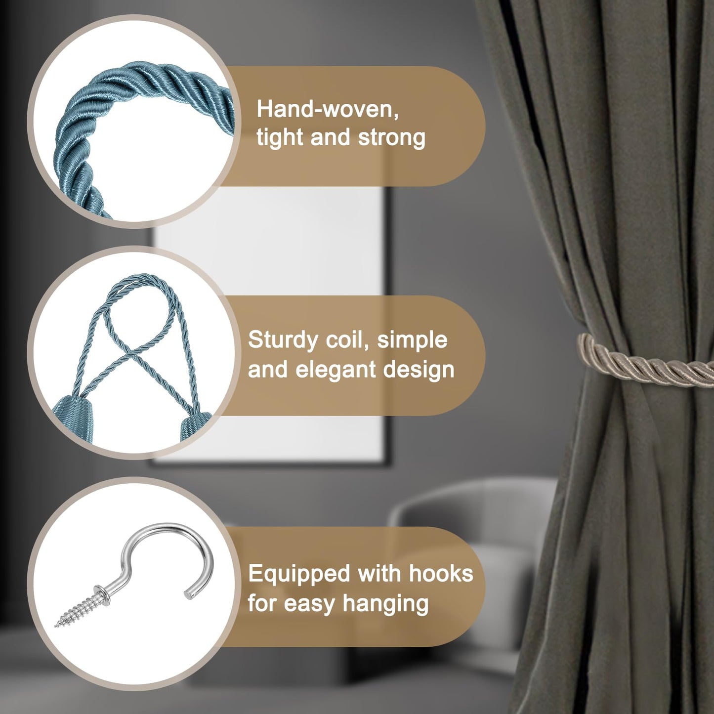 uxcell 2 Pack Curtain Tiebacks, 75cm/29.5" Braided Drapery Holdback Holder Decorative Rope Tie Back with Metal Screw Hooks for Home Office Decor, Gray Blue