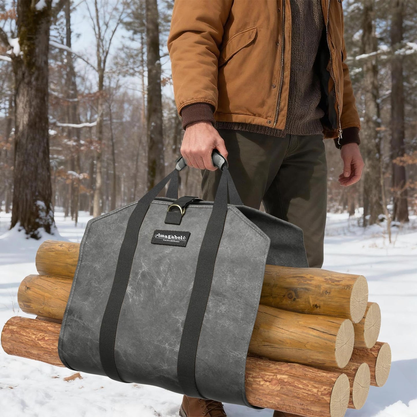 Amagabeli Firewood Carrier Waxed Canvas Log Tote Carrying Bag Heavy Duty Fire Large Wood Fireplace Carrier Bag with Handles for Camping Firewood Log Holder Wood Sling Cabin Stove Accessories Grey