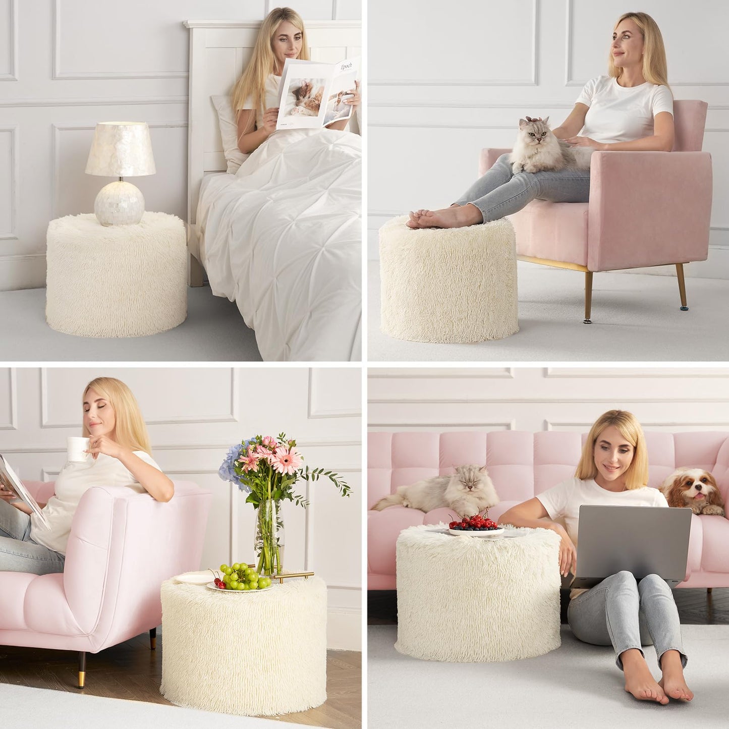 Hansleep Round Stuffed Pouf Ottoman 17 x 14, Foam Filled Faux Fur Ottoman Foot Rest for Chair with Washable Cover, Foot Stools Under Desk for Living Room & Bedroom, Beige