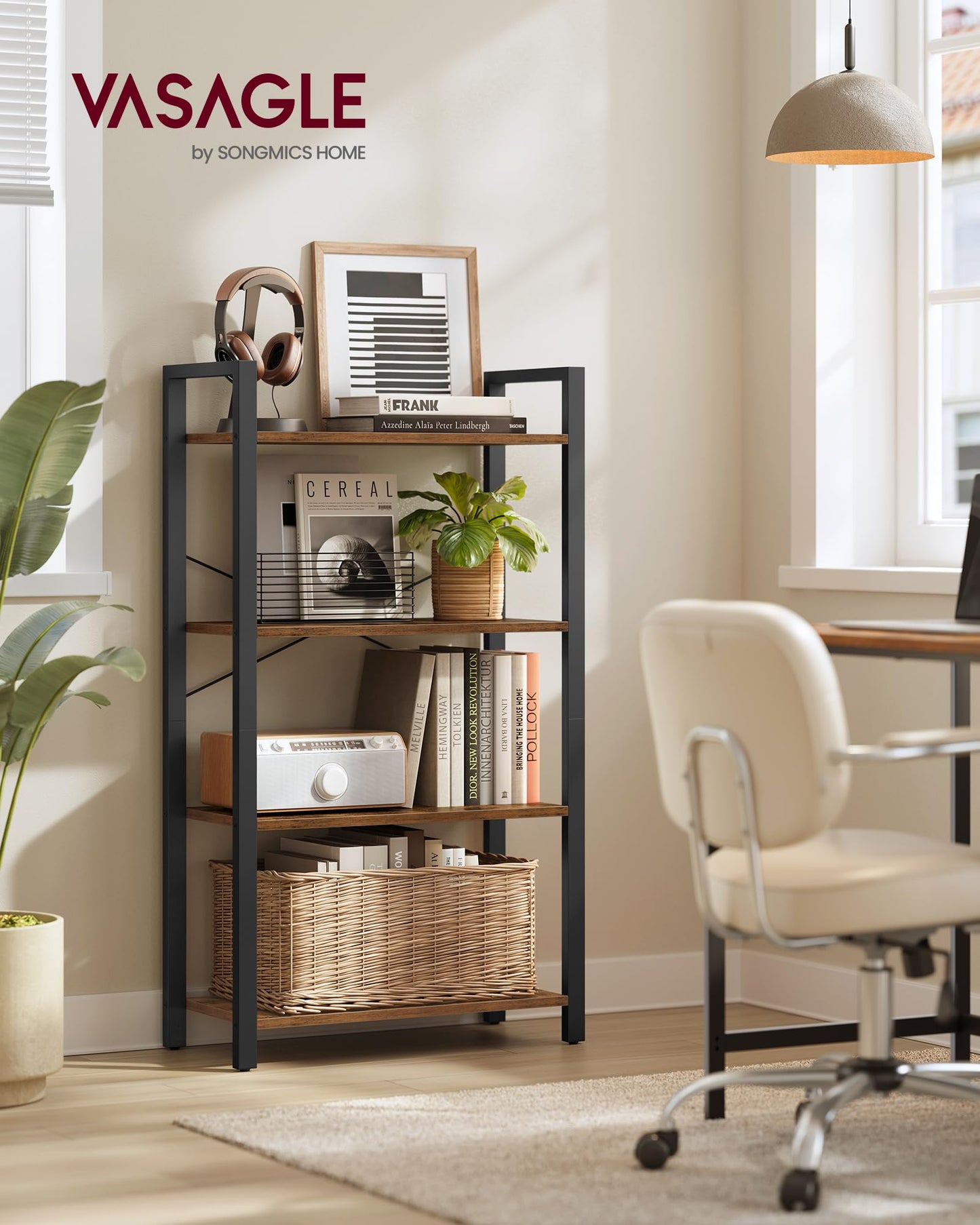 VASAGLE 4-Tier Bookshelf, Bookcase with Steel Frame, Book Shelf for Living Room, Home Office, Study, 11.8 x 26 x 47 Inches, Industrial Style, Rustic Brown and Ink Black ULLS60BX