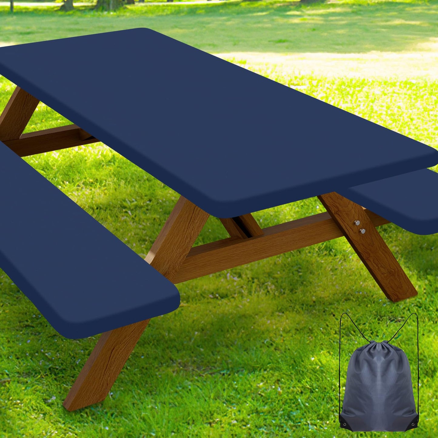 Smiry Picnic Table Cover with Bench Covers, Waterproof Elastic Fitted Polyester Tablecloths for 6 Ft Rectangle Tables, Washable Windproof Tablecloth for Camping, RV & Outdoor (Navy, 30x72 Inches)