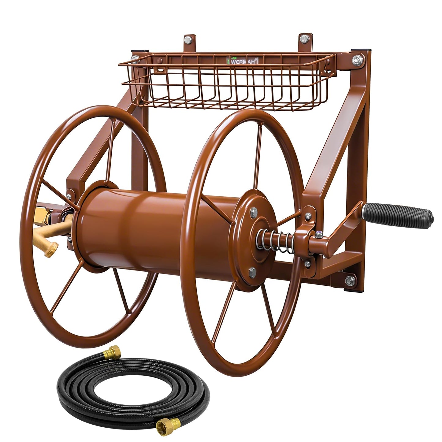 WERMAH Upgrade Wall Mounted Garden Hose Reel, Holds 135 ft of 5/8-inch Hose, Outdoor Water Hose Holder Winder, Space-Saving Design with Brass Fitting for Yard Lawn (Holds 135ft)
