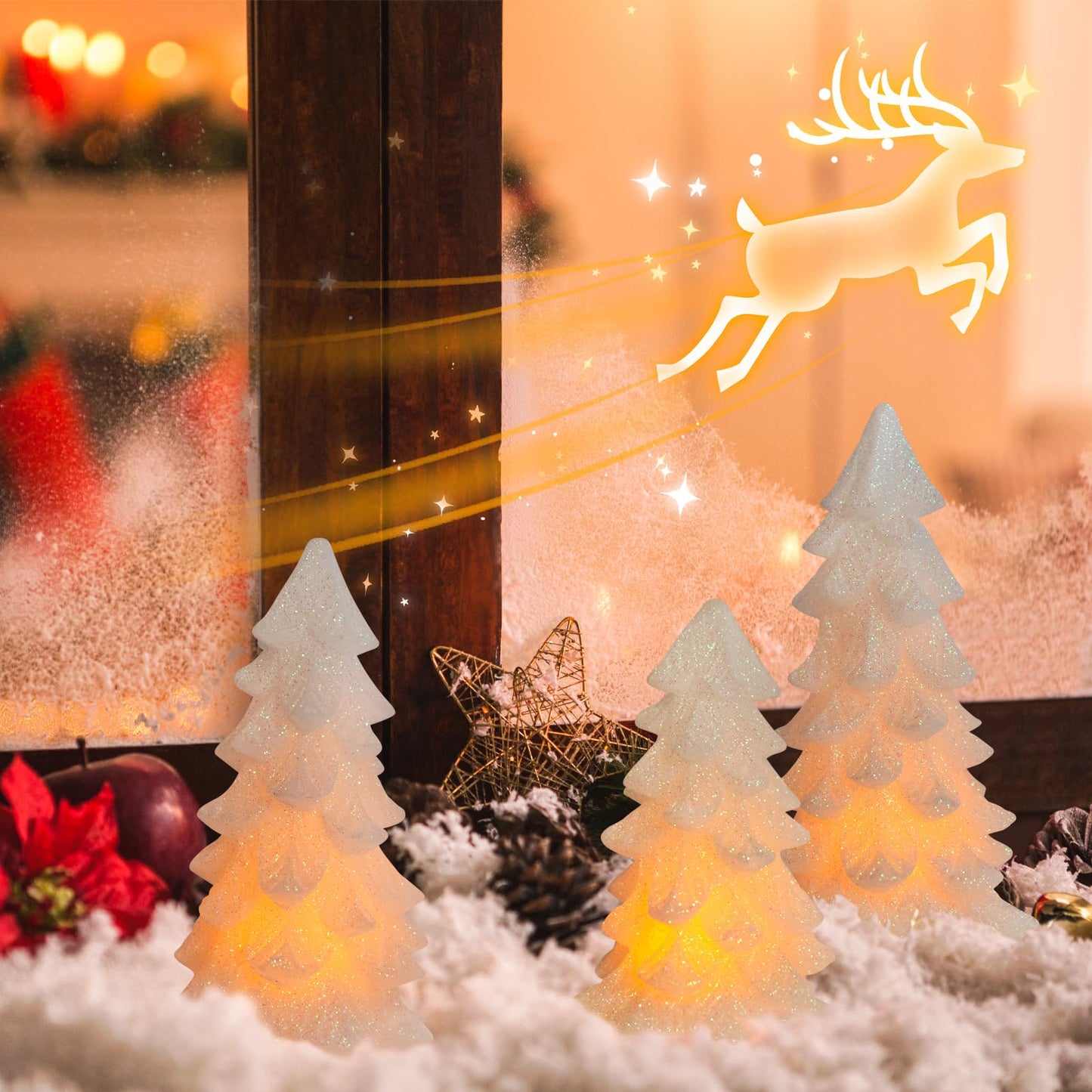 HN HAIINAA White Glittering Christmas Tree Shaped Flameless Candles with Timer, Real Wax Flickering Battery Operated LED Candles for Christmas Home Party Decoration Set of 3