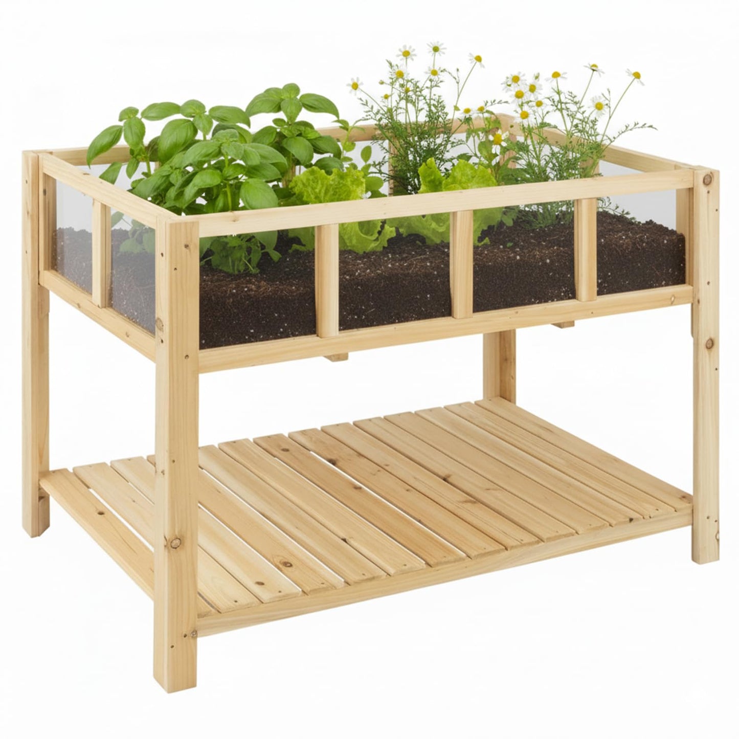 ketive Raised Garden Bed with Transparent Acrylic Panels, Elevated Wooden Raised Garden Bed Planter, Fir Wood Outdoor Planter Box for Herbs, Flowers & Patio Balcony Gardening (Natural)
